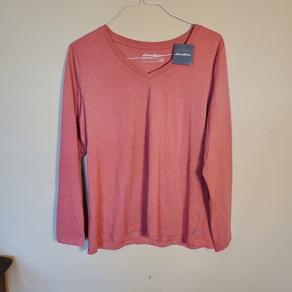 Eddie Bauer Womens XL V-Neck Long Sleeve T-Shirt Terracotta Pink 1548124 NEW